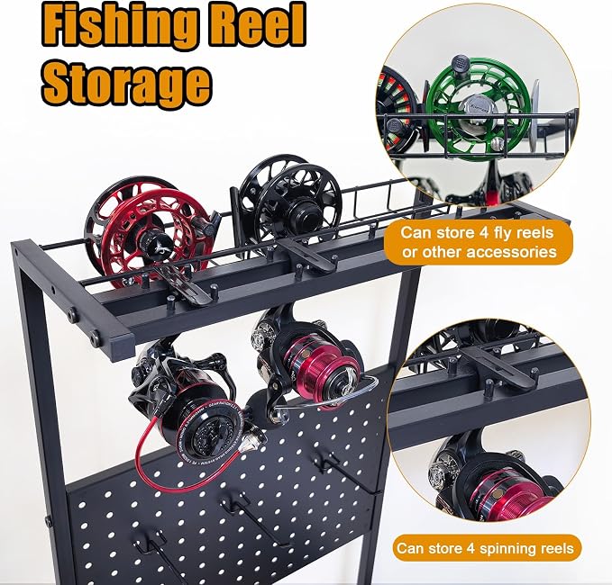 Aventik Fishing Rod Holders For Garage, 3-Tier Fishing Rod Rack Store 12 Rods& 8 Reels, Heavy Duty Pegboard Freestanding Rod Rack