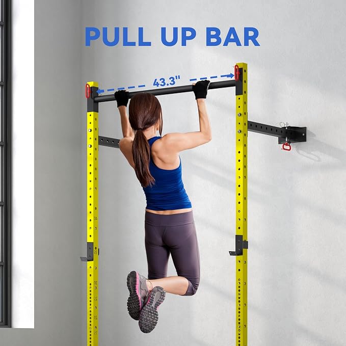 Soozier Folding Squat Rack with Adjustable Pull-Up Bar, 1000 Pounds Capacity Wall Mounted Power Rack, Adjustable Steel Barbell Rack with J Hooks for Home Gym Full Body Workout
