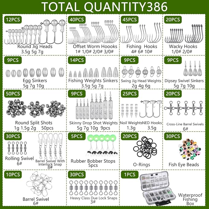 Seenelling 482 Pcs Fishing Tools Kit Fishing Accessories Kit Include Fish Hook Lures Hook Remover Lip Gripper Backpack for Men Women Gifts