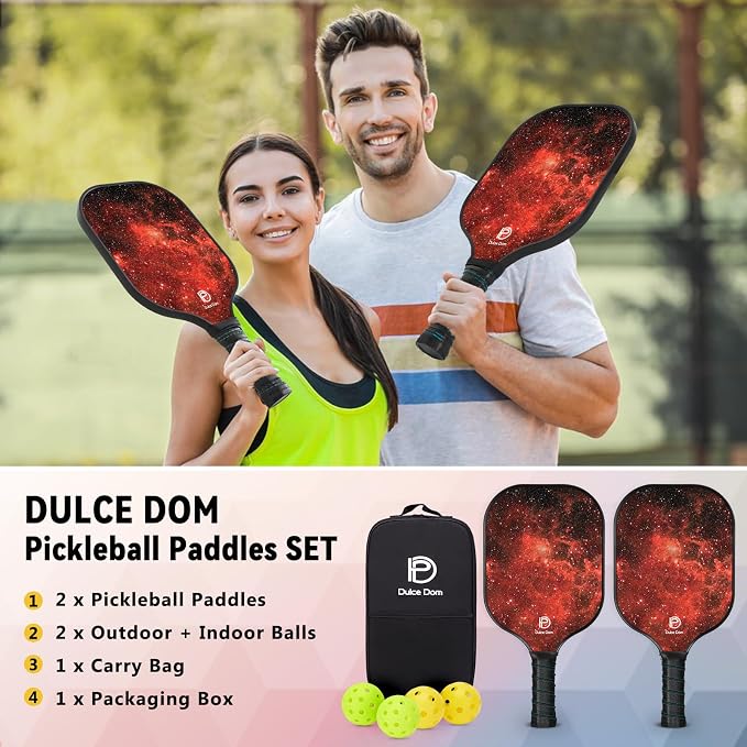 Dulce DOM Pickleball Paddles Set of 2/4 - USAPA Approved, 4 Indoor Outdoor Pickleball Balls, Fiberglass Surface Paddle Racket with Cover Bag, Ideal Training Equipment Gift for Men & Women