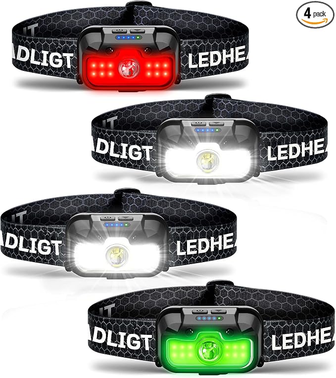 HOKOILN 4-Pack LED Headlamp Rechargeable with Green & Red Light -1300 Lumen Ultra-Bright Flashlight Headlight for Camping, Running, Hiking, Fishing - Waterproof with 7 Modes