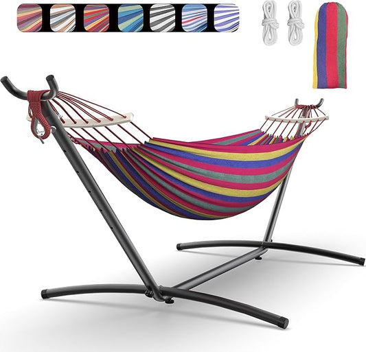 EveryFun Double Hammock with Heavy-Duty Steel Stand,Portable,Easy Assembly,600lbs Weight Capacity,Suit for Indoor,Yard,Camping,or Outdoor-Wide Red