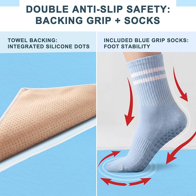 Upgraded Yoga Mat Towel with Bonus Grip Socks, Sky Blue | Elegant Embroidered, 1-Second Sweat Absorption & Non-Slip | Machine Washable Microfiber | Hot Yoga, Pilates | 73''*27.6''