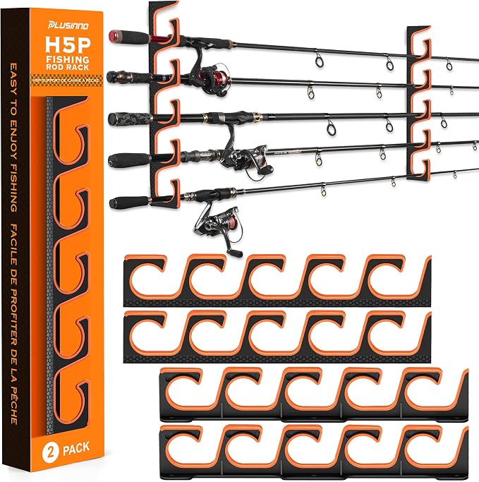 PLUSINNO H5P Fishing Rod/Pole Holders for Garage, Fishing Rod Holder Ceiling or Wall Mounted Rod Rack, Fishing Gear Equipment Storage Organizer Holds up to 10 Rods or Combos or Nets