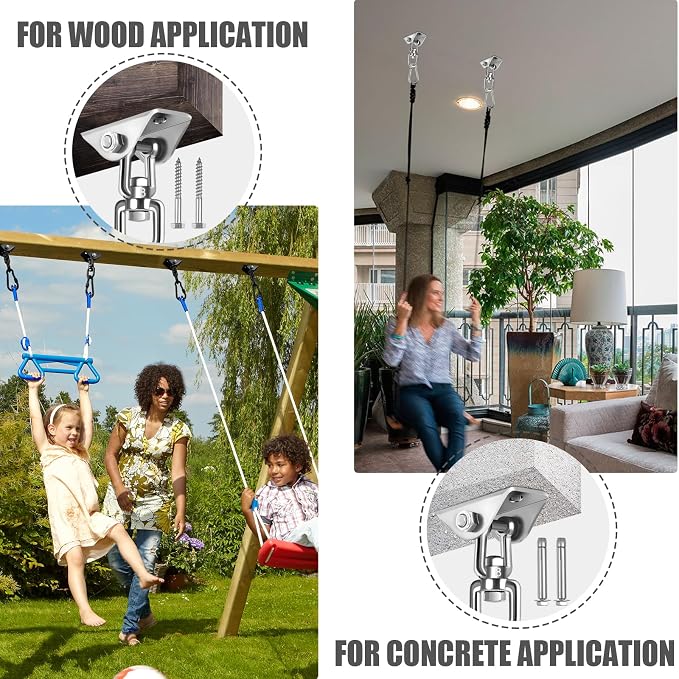 2-Pack Hammock Hanging Kit, 360-Degree Swivel Heavy-Duty Swing Hooks, Supports 1200 lbs, Stainless Steel Swing Hardware for Hammocks, Playgrounds, Yoga, Chairs & Heavy Bag. Installs on Concrete/Wood.