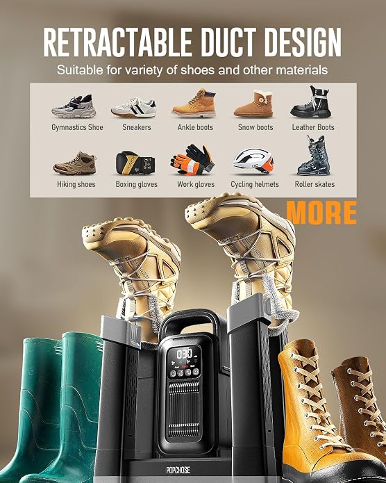 POPCHOSE Boot Dryer Helps Reduce Odor, 1.5H Fast Drying Shoe Dryer, Silent & Adjustable Timer, Forced Heat Boot Warmer