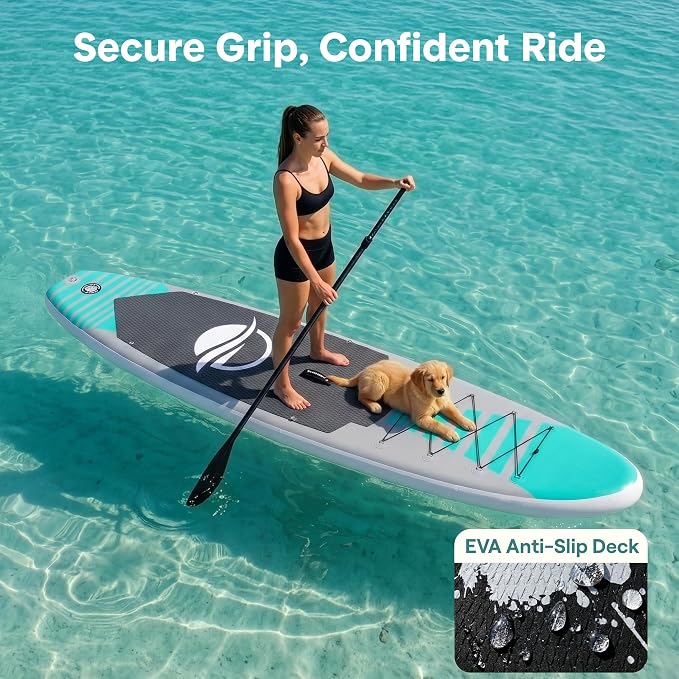 SereneLife 10’6" Inflatable Stand Up Paddle Board with Premium SUP Accessories - Wide Stable Design with Non-Slip EVA Deck Pad, for Youth and Adults, 350 lbs. Capacity