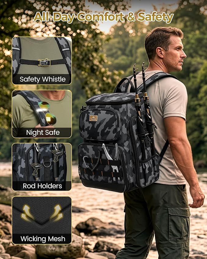 MATEIN Pro Fishing Backpack with 4 Tackle Boxes, 3600 Tackle Box Backpack | Fishing Bag with Rod Holder, Tackle Backpack with Large Side Gear Storage & Insulated Cooler Compartment, Fishing Gifts