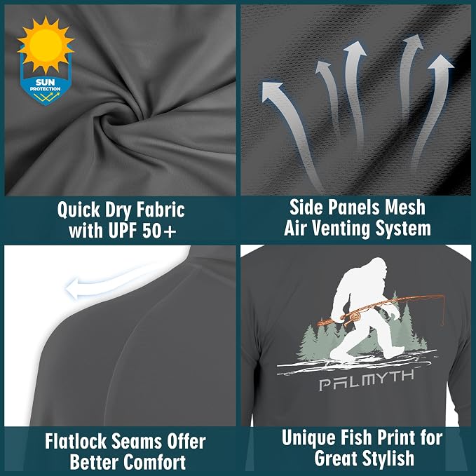 Palmyth Fishing Hoodie for Men Long Sleeve Sun Protection UV UPF 50+ Shirts | Hidden Zipper Pocket, Thumb Loops, Quick-Dry, Side Mesh Panels, Lens Cleaning Cloth, 4-Way Stretch
