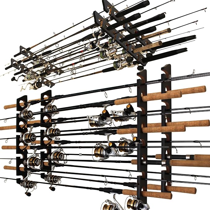 Rush Creek Creations 8 Fishing Rod Wall or Ceiling Storage Rack, Vertical or Horizontal Holder for Garage, 8 Rod and Reel Combo Capacity