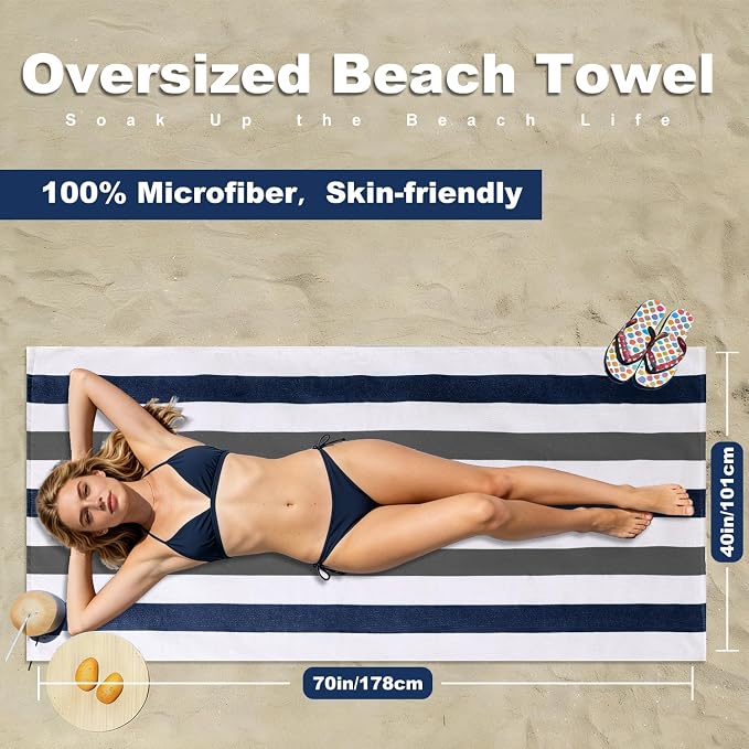 Jessy Home 4 Pack Striped Oversized Beach Towel Set, 40x70 Inch Microfiber Sandproof Quick Dry Super Soft Swim Towels, Absorbent Stylish Pool Towels, Swim Cover Up for Beach Vacation Travel