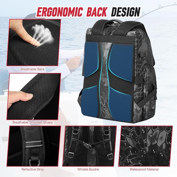 Fishing Tackle Backpack,Tackle Bag with 2 Rod Holders & 4 Tackle Boxes, Water-Resistant Large Storage Fishing Gear and Equipment, Fisher Gifts for Men, Black Camo