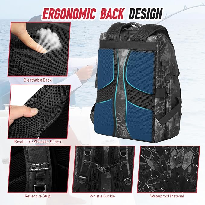 Fishing Tackle Backpack,Tackle Bag with 2 Rod Holders,Water-Resistant Large Storage Fishing Gear and Equipment (B-Black Camo)