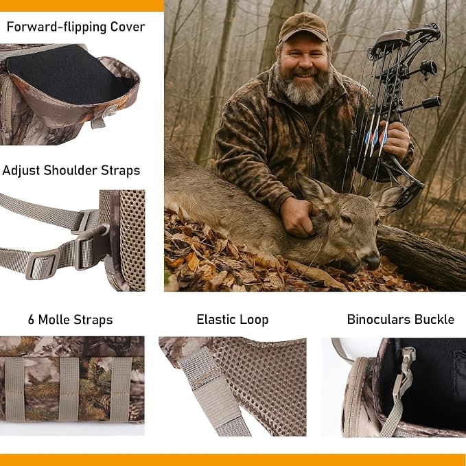 NEW VIEW Silent Hunting Binocular Harness Chest Pack with Rangefinder Pouch & Rain Cover, Stealth Bino Harness for Hunting, Fits Most Binoculars up to 10×56