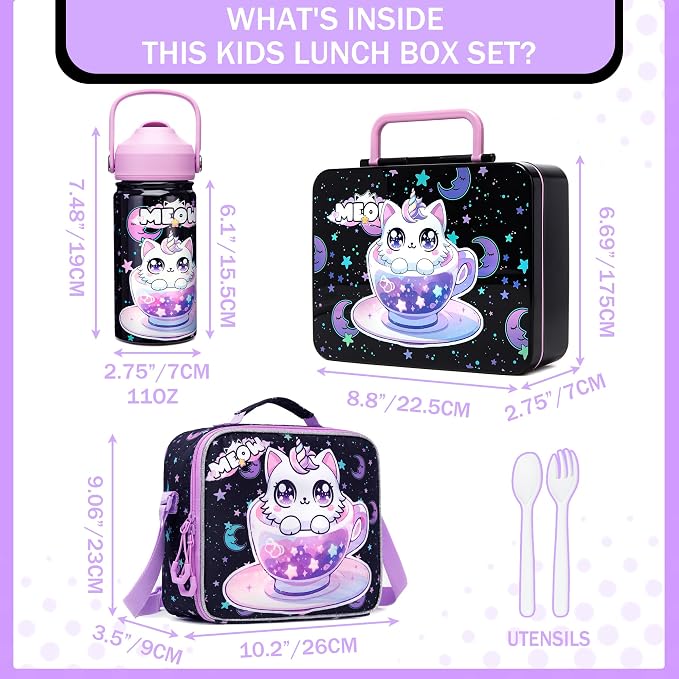 Lunch Box for Girls Bento Box for Kids with Lunch Bag,Stainless Steel Water Bottle,Ice Pack Set Birthday Gifts for Ages 3-12 Back to School Toddler Girls