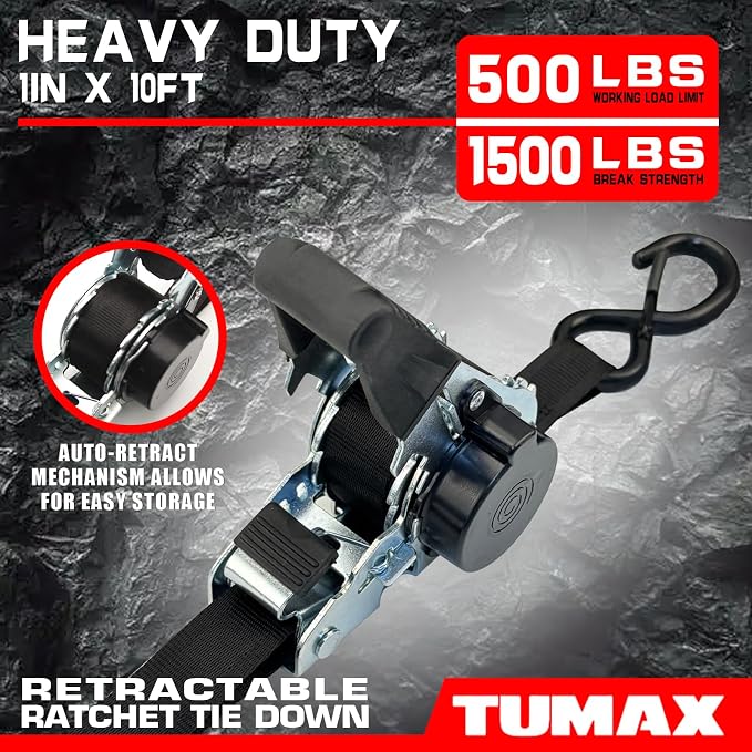 4-Pack Retractable Ratchet Tie Down Straps, 1" x 10ft with Soft Loops & S-Hooks, 1500lbs Break Strength Self-Retracting Cargo Straps for Truck, Trailer, Motorcycle, ATV, Kayak (Black)