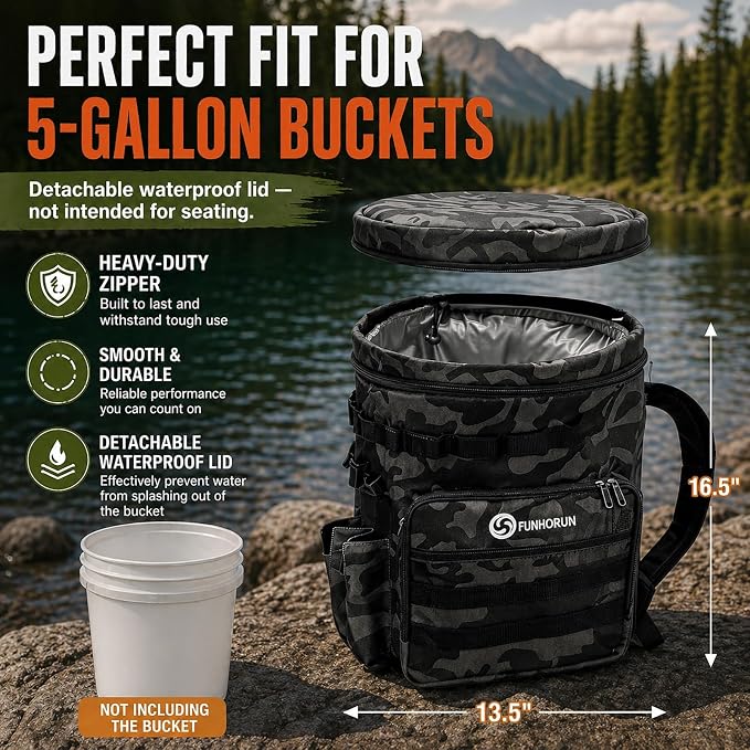 FUNHORUN Fishing Bucket Organizer for 5 Gallon Bucket, Fishing Tackle Bag with Backpack Straps, Detachable Lid & Multi-Pockets for Storage, Full Water-Resistant (Bucket, Seat & Tools Not Included)