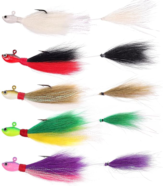 Natufish Bucktail Jigs 3/5Pcs Flash Hair Tail Lifelike Action Saltwater | Fishing Hair Jigs with Natural Deer Hair, 3D Eyes & Sharp Hook Design, Mimic Baitfish Movement 1/4oz-2oz Sizes