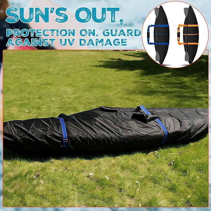 2 Set 600d Kayak Cover for Outdoor Storage with Carrying Straps and Storage Bags Fit 8.5 to 10 ft Heavy Duty Canoe Waterproof UV Resistant for Dust Protection Paddle Board Boat Accessory