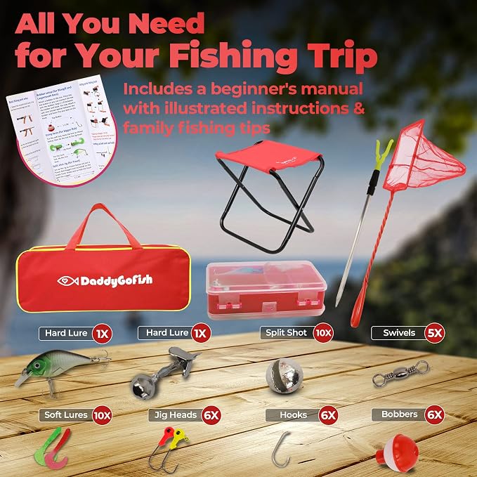 DaddyGoFish Kids Fishing Pole - Rod Reel Combo Tackle Box Starter Set - First Year Small Dock Gear Kit for Boys Girls Toddler Youth Age Beginner Little Children Junior Anglers