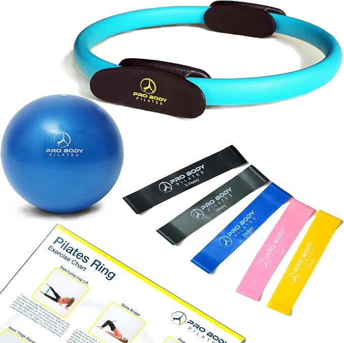 ProBody Pilates Home Workout Bundle (3pcs) - 14" Magic Circle, 9" Mini Exercise Ball and 5 Resistance Bands Bundle for Stability, Barre, Yoga, Core Training and Physical Therapy