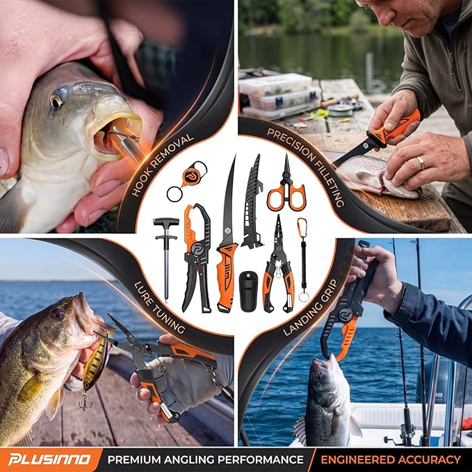 PLUSINNO Fishing Gear, Fishing Tools Kit, 7pcs Fishing Accessories, Corrosion Resistant Fishing Pliers, Fish Knife, Fish Lip Gripper, Fishing Gifts for Men