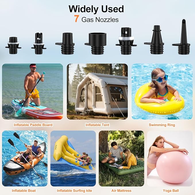 Electric Paddle Board Pump, 12000mAh Rechargeable SUP Pump 22PSI High Pressure with 12V DC Car Adapter, Dual-Stage Inflation&Deflation, Portable Air Pump with 7 Nozzles for SUP, Inflatable Kayak, Boat