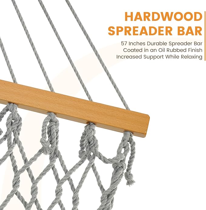 Lazy Daze Hammocks 12FT Double Rope Hammocks, 2 Person Hand Woven Cotton Hammock with Spreader Bar, Carabiner, Tree Strap, Chain for Outside, FIT 13-15 FT Stand, Max 450 Lbs, Light Grey