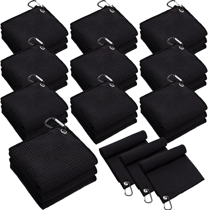 Batiyeer 30 Pcs Bulk Golf Towels for Golf Bags 16'' x 16'' Microfiber Fabric Golf Towel Waffle Pattern with Clip for Bags Men Mini Tournament Fitness Yoga Camping (Black)
