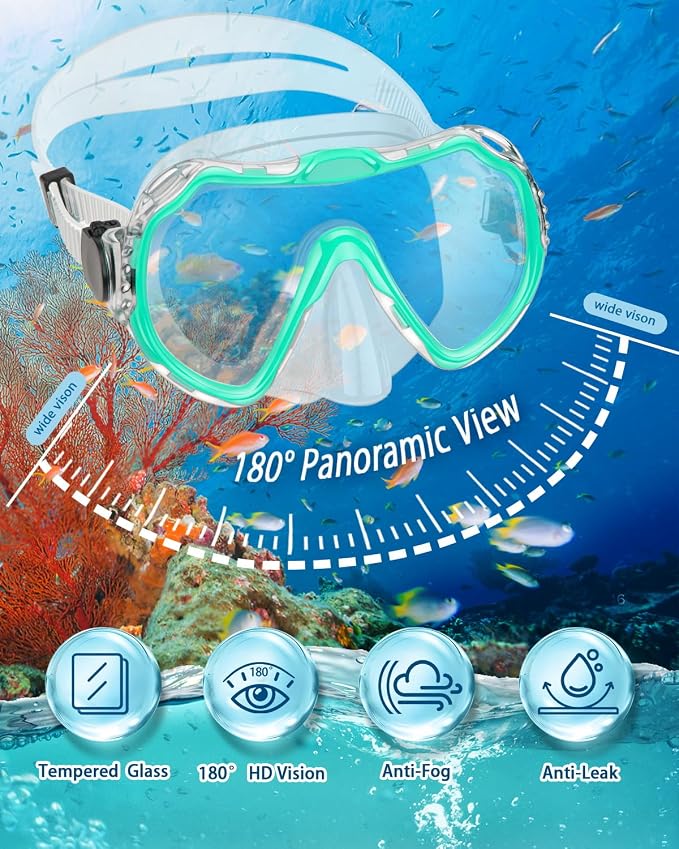 Snorkeling Gear for Adults, Adult Snorkel Set with Panoramic Anti-Leak and Anti-Fog Tempered Glass Snorkel Mask, Dry Top Snorkel, Snorkle Mask Set Adult with Mesh Bag Ear Plug for Snorkeling