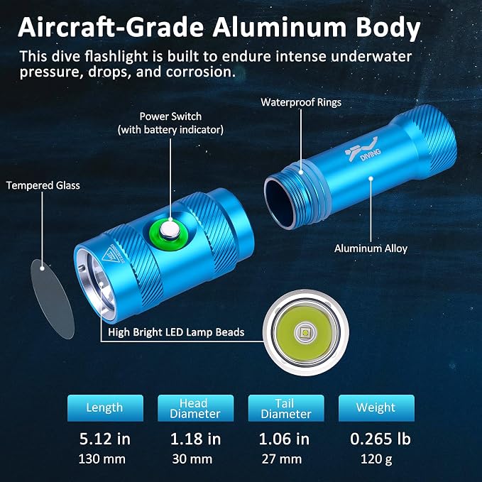 WINDFIRE Scuba Diving Light – Super Bright Diving Flashlight with 3 Modes & Power Indicator, IP68 Waterproof Rechargeable Underwater Torch for Scuba Diving, Snorkeling, and Underwater Exploration