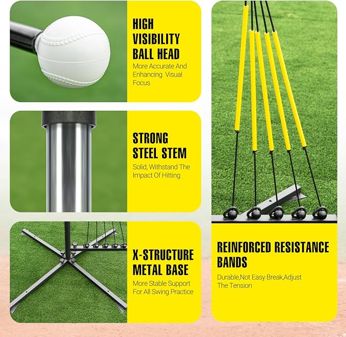 PLAYAPUT Baseball Softball Swing Trainer with 5 Power Bands,Auto Reset Baseball Training Equipment,Baseball Hitting Trainer,Height Adjustable 31-47 inches Softball Swing Trainer Improve Power,Speed