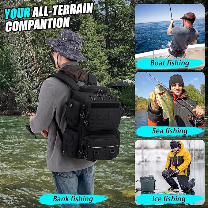 Tactical Fishing Backpack with Tackle Boxes, Rod Holders & Bottle Holder, 50 L Large Tackle Box Backpack with Cooler, Fishing Tackle Bag with Trays Store Gear & Equipment, Black