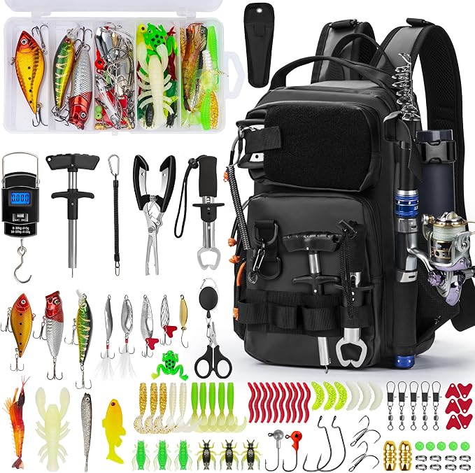 THKFISH Fishing Backpack with Rod Holder, Fishing Tool Kit, Water-Resistant Bag With Fishing Lures Kit, Fishing Tackle Box and Pliers Set for Men Women (Black-87pcs)