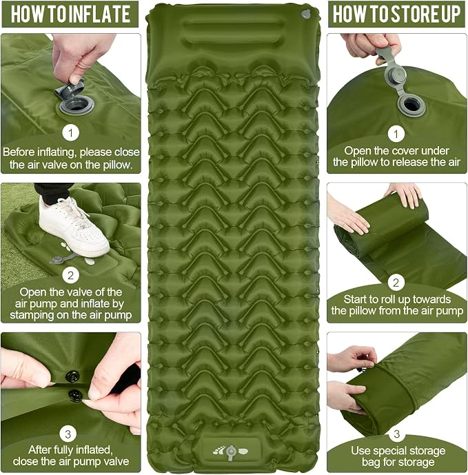 MOXILS Sleeping Pad, Ultralight Inflatable Sleeping Pad for Camping, Built-in Pump, Ultimate for Camping, Hiking, Airpad, Carry Bag, Repair Kit, Compact & Lightweight Air Mattress(Green)