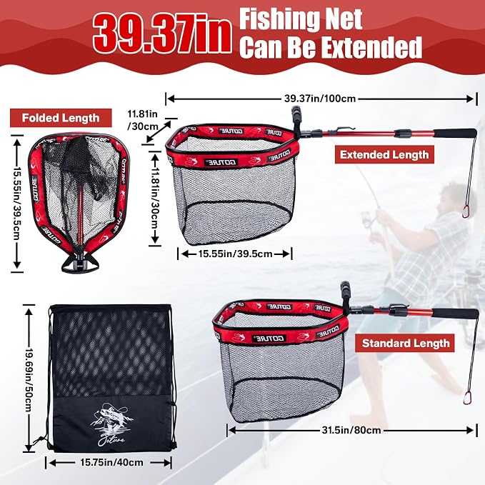 Goture Floating Fishing Net with Assist Handle, Aluminum Alloy Fixed or Telescoping Pole Handle, PVC Coated Nylon Mesh, Foldable Fish Landing Net, Carry Bag for Kayak, Fly, Bass, Trout Fishing