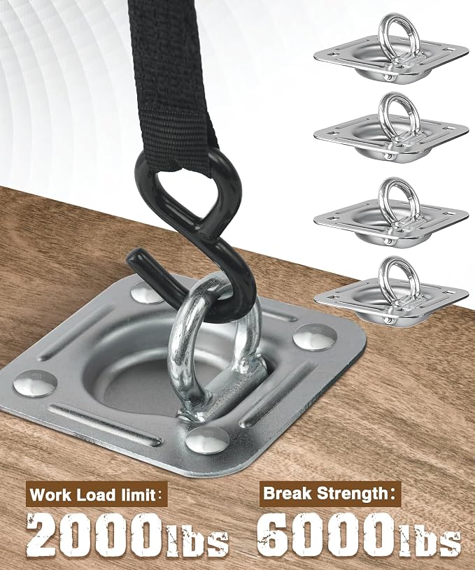 Recessed D Ring Tie Down Anchors 4 Pack (6,000 Lbs), Heavy Duty Trailer Floor Tie Downs and Anchor Points for Securing Cargo, Equipment, ATV, UTV, Truck – Silver