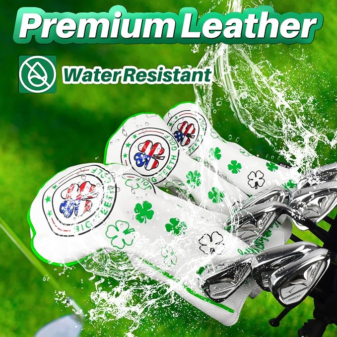Big Teeth Golf Cover Lucky Clover Headcover Covers, Driver Fairway Wood Hybrid Headcovers Fits Blade Mallet Putter Iron and Woods with Magnetic White Shamrock Head Club Protector Leather