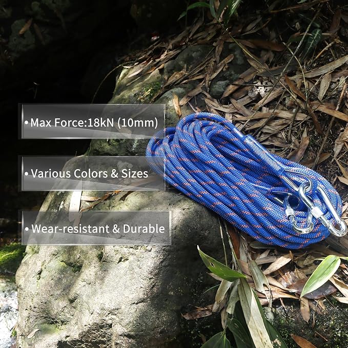 NewDoar Climbing Rope 8(5/16in),10mm (3/8in), High Strength Accessory Cord Rope with 2 Steel Hooks, for Outdoor Rescue Rappelling Rope Down Cliffs ledges Safety Escape Tow Strap Equipment(Blue)