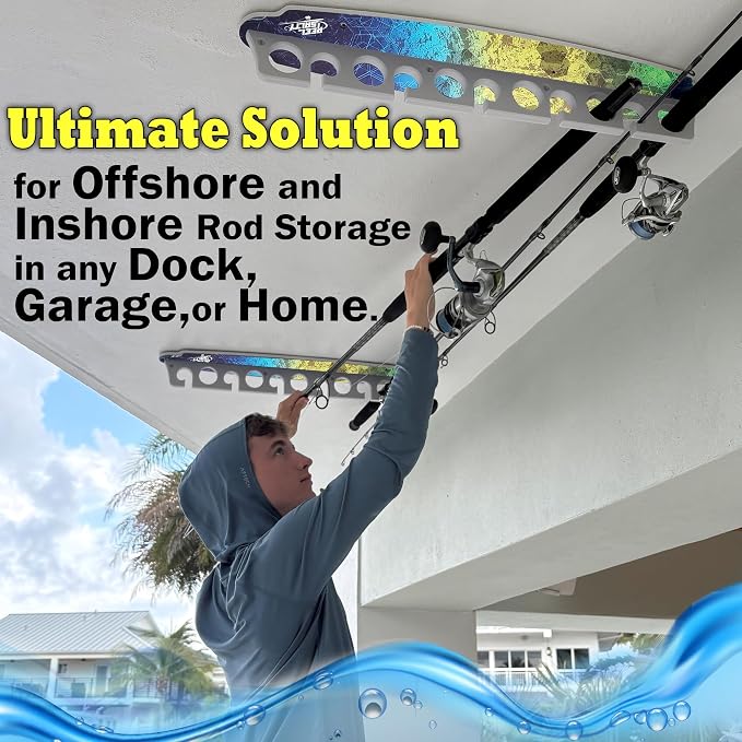 Rush Creek Creations Reel Salty Waterproof Offshore/Inshore Fishing Rod Holder for 11 Saltwater Poles + Gear & Accessories Perfect for Garage & Wall Storage