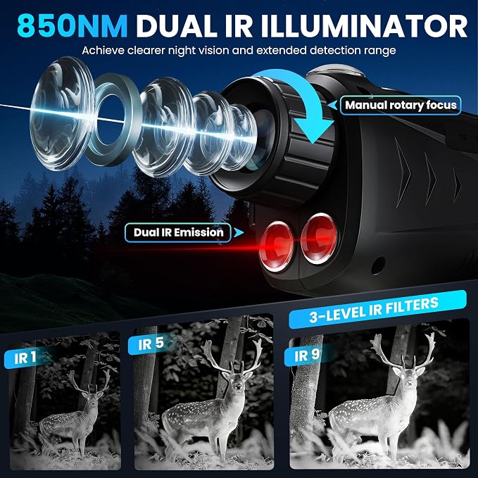 VXF Night Vision Monocular, 4K Night Vision Scope for 100% Darkness with 3000mAh Rechargeable Battery, 3+32GB SD Card & Card Reader, Dual Infrared Monocular Telescope for Camping, Wildlife Observation