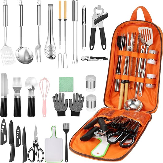 Hozzen Camping Cooking Set - Camping Utensil Set Car Camping Cooking Essentials Gear for Camp Kitchen Cooking and Grilling, Stainless Steel & Silicone Ideal Gift for RV Tent Camper, Picnics, BBQs