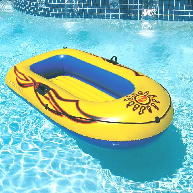 SOLSTICE Inflatable Boat Rafts 2 Person for Adults & Kids Comes W/ Pole Oar Holders Cushioned Comfortable Base Grab Line 6 Ft Size Sunskiff Kits Dinghy Air Floor Yellow