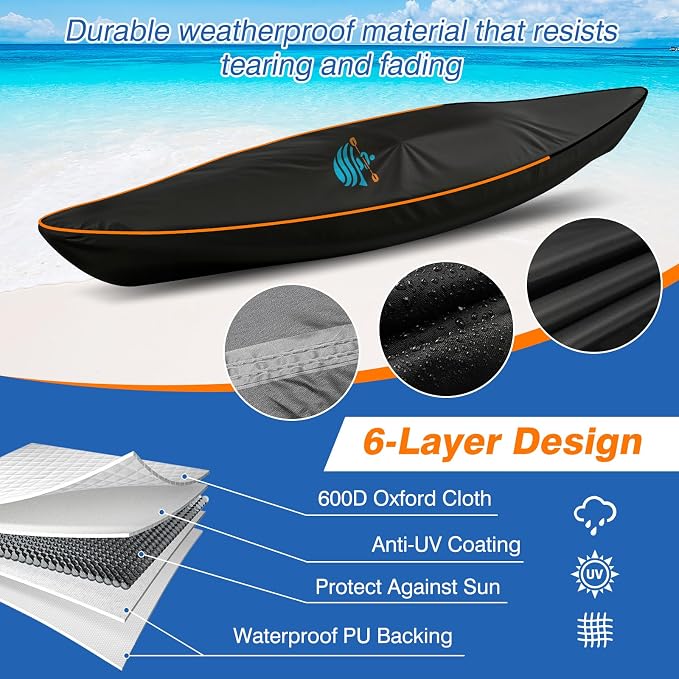 Kayak Cover 600D Canoe Cover for Outdoor Storage Heavy Duty & Waterproof, Fade-Resistant, Fits Paddle Board, SUP, Canoe, and Kayak Boat