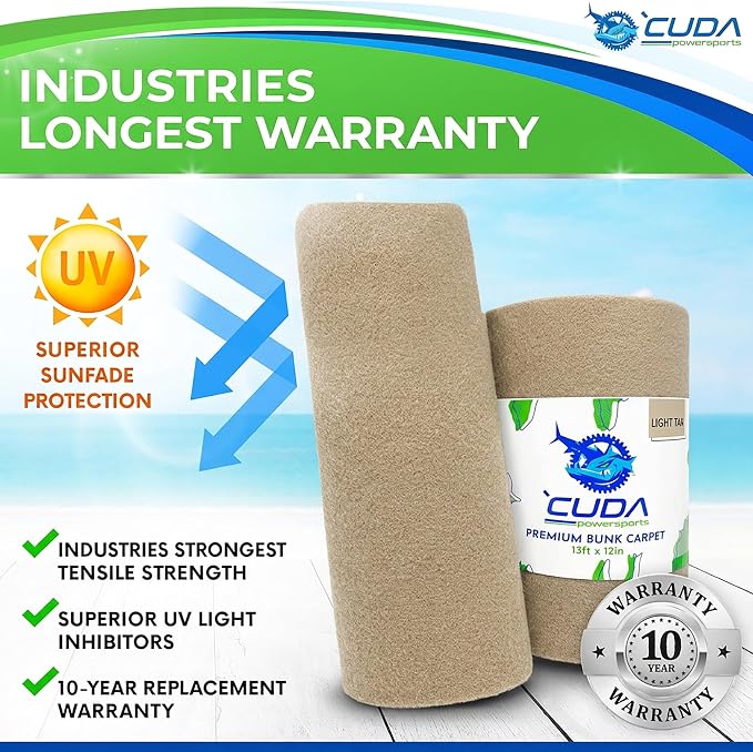 Cuda Boat Trailer Bunk Carpet 12 Inch Wide x 20ft-New Premium Tan Roll- Cuda Bunk Carpet for Boat Trailers Parts Accessories Taupe Lift Runners Covers Waterproof