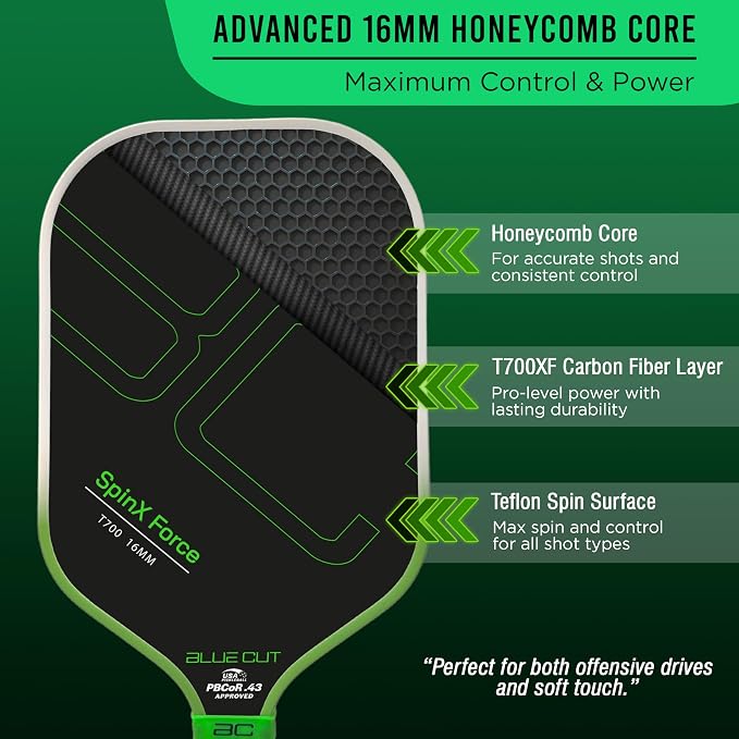 Blue Cut Pickleball Paddle – USAPA Approved Pickleball Paddles Racket with T700 Carbon Fiber, 16mm Honeycomb Core, Spin Surface, Pro Power Speed & Control – Includes Carry Bag
