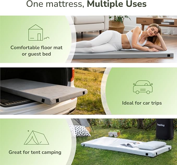 Memory Foam Camping Mattress 2.5 inch, Kids Portable Roll Up Camping Sleep Topper with Waterproof and Non-Slip Bottom, Camping Car Mat with Travel Bag, 63.5"×26.5"×2.5", Grey