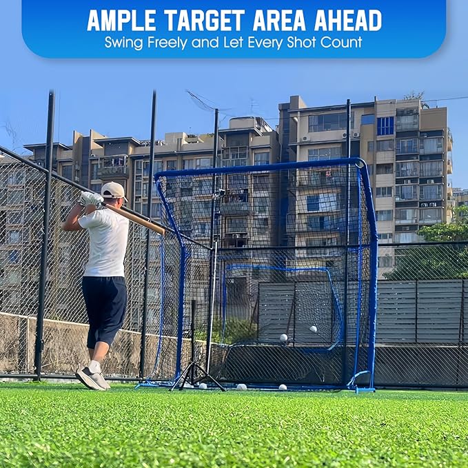 Baseball Softball Net with Blocking System, 7x7ft/6x6ft/10x7ft Practice Cage Net for Batting/Pitching/Fielding, Metal Frame with Elevated Base and Storage Bag for Backyard Indoor Training