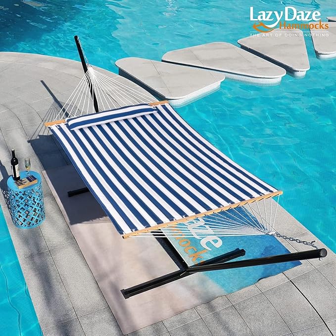 Lazy Daze Hammocks 12FT Quilted Fabric Double Hammock with Spreader Bars and Detachable Pillow, 2 Person, 450lbs Capacity, Blue White