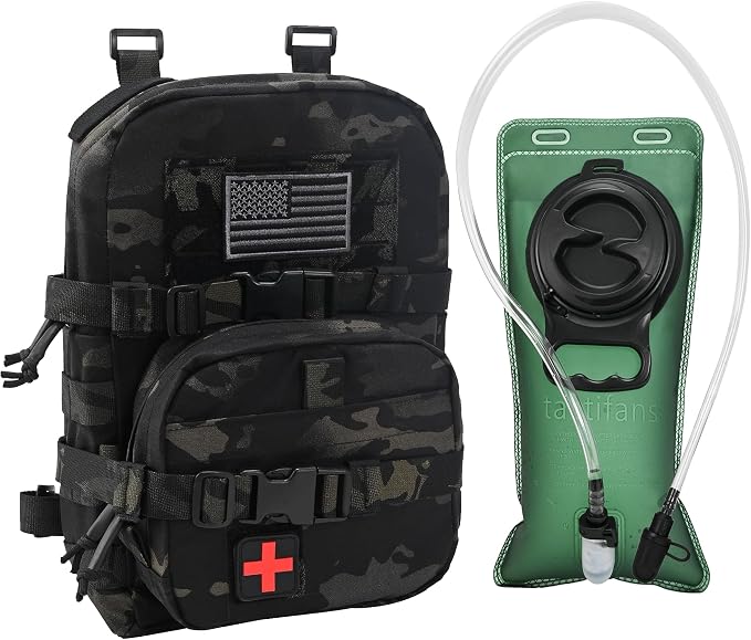 Tactical Mini Molle Hydration Pack,Molle Hydration Carrier with IFAK Pouch&US Flag&Med Patch,Hydropack for 2L Water Bladder